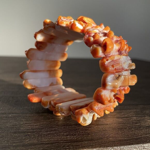 Natural Orange Spiny Oyster Shell Bracelet 7" Stretch Druzy Spikey Bead New - Picture 6 of 9